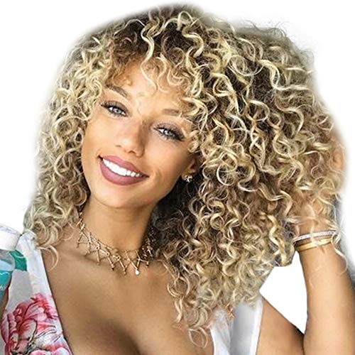 ✿ICE cream Short Blonde Kinky Curly Wigs for Black Women Blonde Mixed Brown Synthetic Hair Wigs Female Afro Full Wigs (Gold)