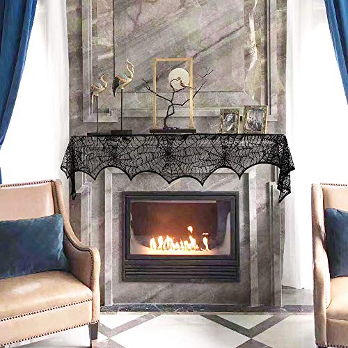 Halloween Cobweb Fireplace Scarf, Black Lace Spiderweb Mantle Scarf for Halloween Home Party Supplies, 18 x 96 inch