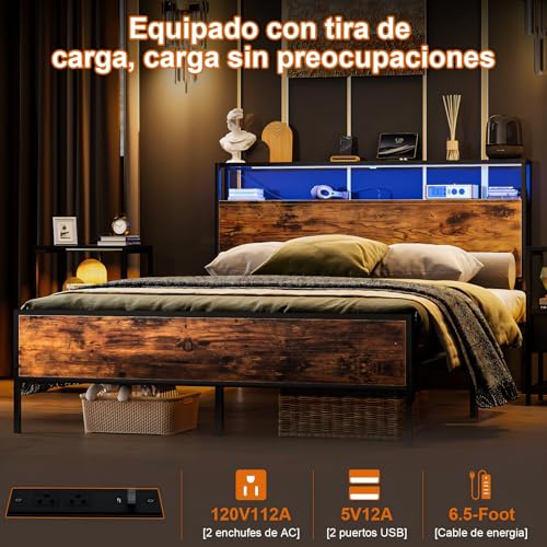 Simple Wisdom Cama Matrimonial 1.4 M con Base y Cabecero de Almacenamiento, 2 Salidas de Carga y 2 Puertos USB y Luces LED (Retro)
