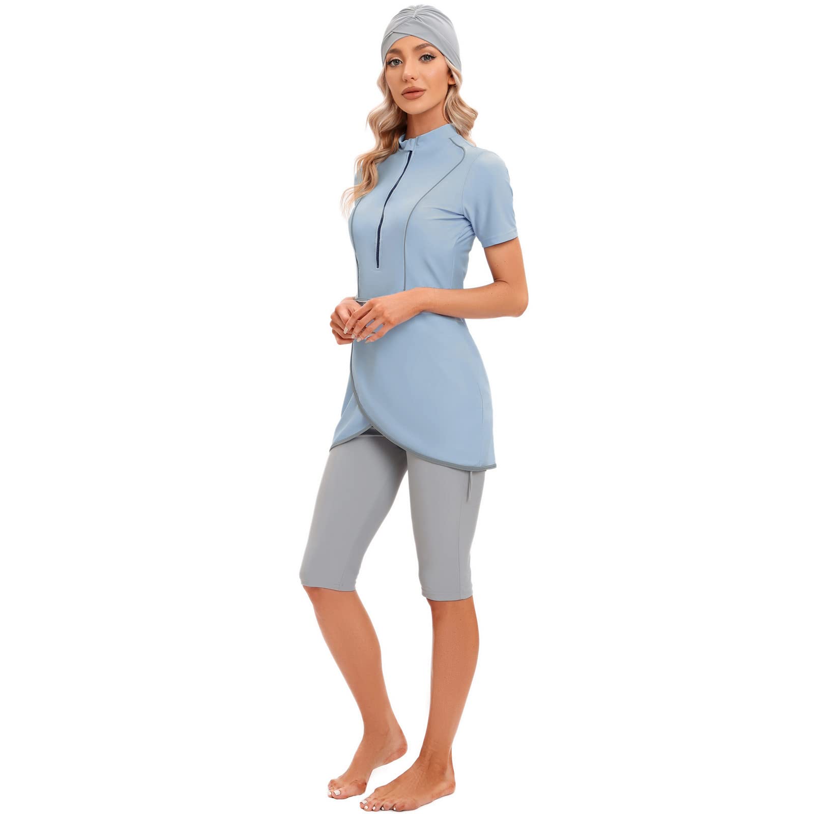 Photo 1 of Muslim Swimsuits for Women Modest Full Cover Burkini Islamic Arabic Swimwear Swimsuit Short Sleeve Swimming Top Swim Carpi Pants Hijab Rash Guard 3Pcs Set Sun Protection Bathing Suit Blue - L
