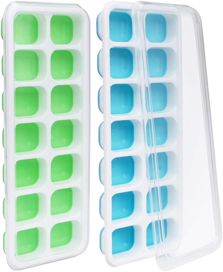 2 Packs Ice Cube Tray, LFGB Certified BPA Free Silicone Ice Cube Tray Moulds with Non-Spill Lid, Best for Baby Food, Water, Cocktail and Other Drink (Blue &Green)