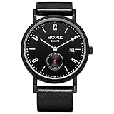 HOWK Classic Watch Men Black Dial Black Leather Casual Wrist Watch