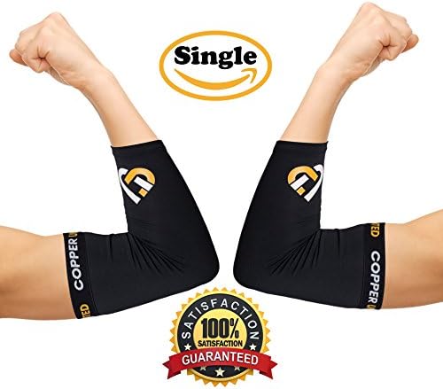 Copper United Compression Elbow Sleeve #1 Copper Infused Fit Support - GUARANTEED Recovery Brace - Best for Workouts , Golfers , Tennis Elbow , Arthritis , Tendonitis &amp; More - Wear Anywhere - Single