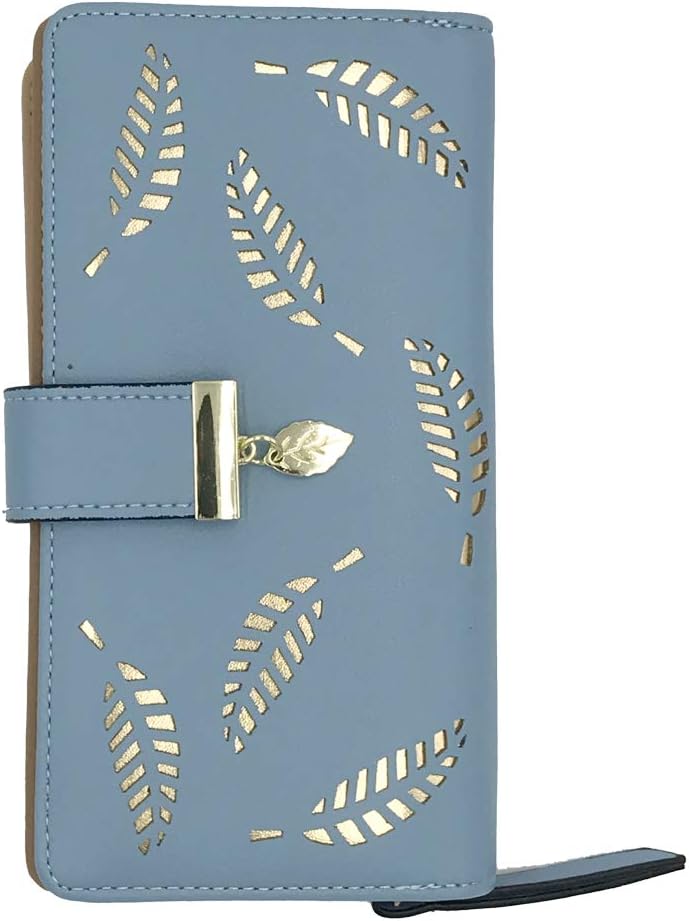 CHAOFANXI Women's Wallet Hollow Leaf Pattern Bifold Leather Lady Long Wallet Purse Zip Birthday Xmas Gifts for Women Girls(Blue)