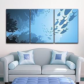 3 Panel Canvas Wall Art - School of Fish Under The Sea - Giclee Print Gallery Wrap Modern Home Art Ready to Hang - 16"x24" x 3 Panels