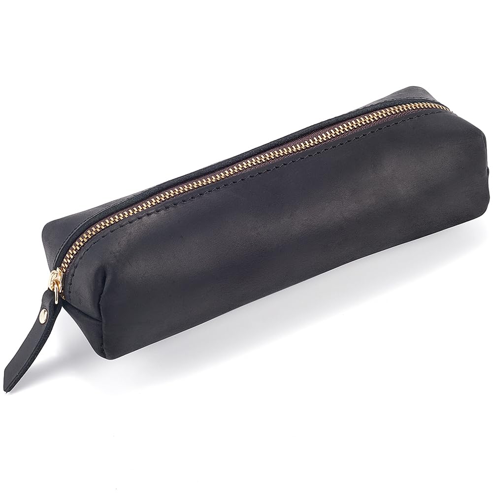 GORGECRAFT Leather Pencil Case Crazy Horse Large Capacity Genuine Leather Pencil Pouch (Black) Rectangular Portable Zippered Pen Cases with Zipper for Men and Women Office Supplies Pen Case