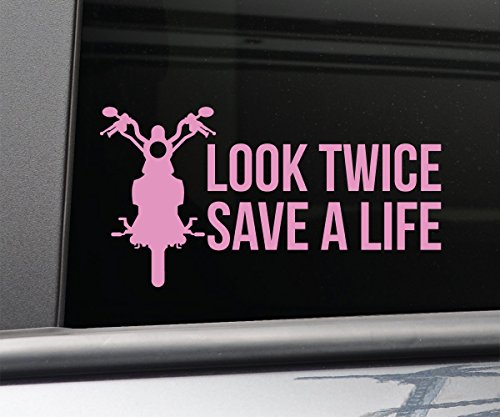 Look Twice Save a Life Motorocycle Vinyl Decal Laptop Car Truck Bumper Window Sticker, 8.5" x 4.5" (Pink)