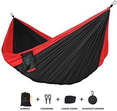 Camping Hammock with Wireless Bluetooth Speaker - Lightweight and Compact - For Backpacking, the Beach, Back Yard, Travel (Black/Red)