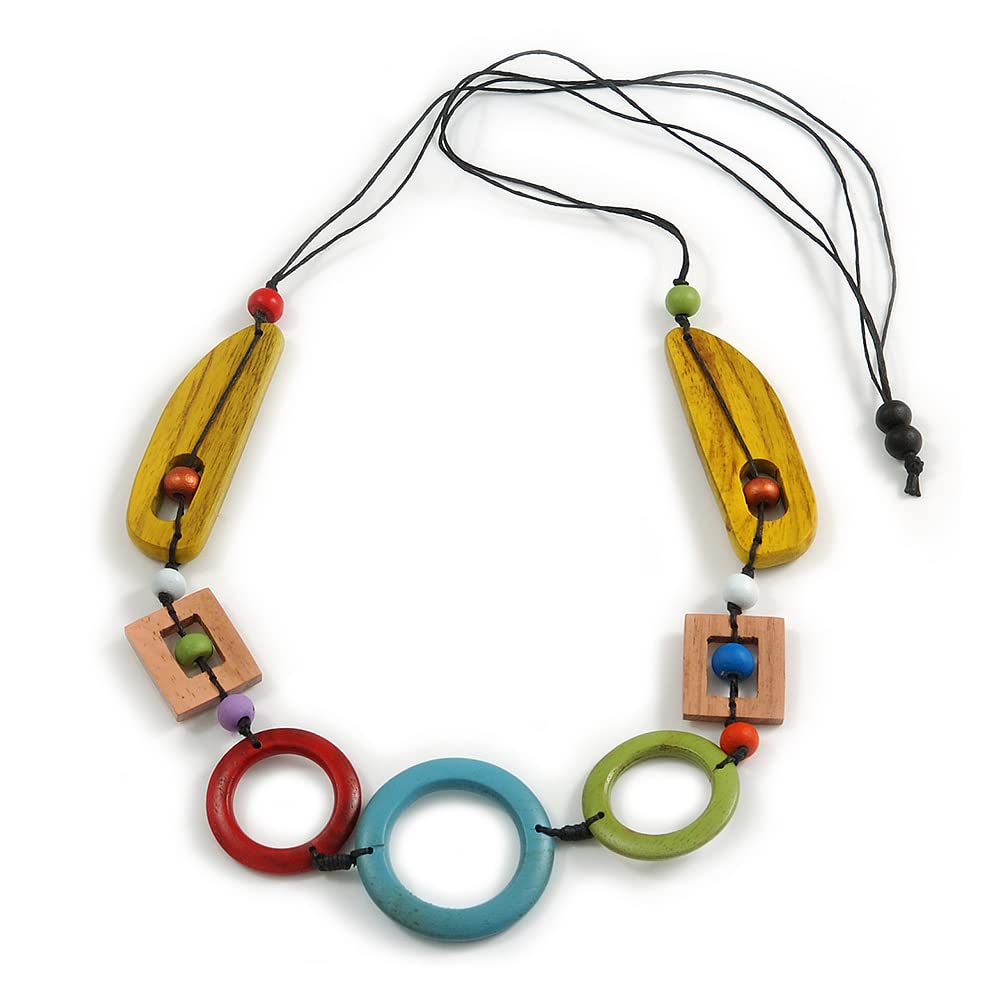 Avalaya Long Geometric Multicoloured Painted Wood Bead Black Cord Necklace -100cm Max/Adjustable