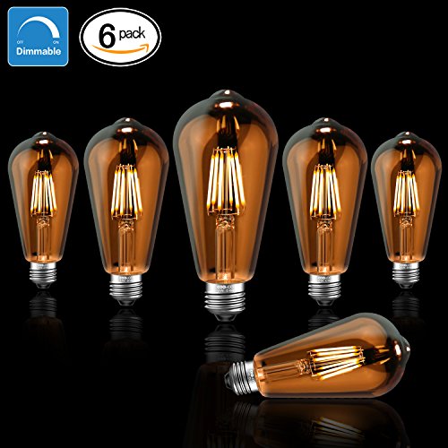 LED Edison Light Bulbs 60W Equivalent Halogen Replacement Dimmable E26 Base Vintage Filament Pendant Light Bulbs 2200K Amber Glow 6W Antique Commercial Island Light Bulbs with 600lm 6 Pack by COOWOO