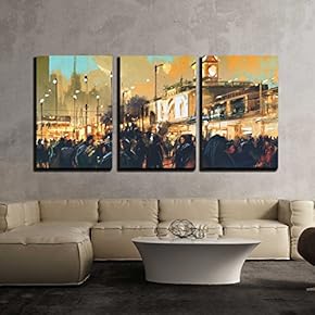 3 Piece Canvas Wall Art - Beautiful Painting of People in a City Park at Sunset - Modern Home Art Stretched and Framed Ready to Hang - 16"x24"x3 Panels