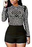 Women Crewneck Long Sleeve Rhinestone Bodycon Clubwear Short Jumpsuit Rompers Black XL