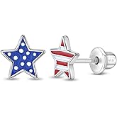 925 Sterling Silver Enamel Flag Star Shaped Safety Screw Back Earrings For Little Girls - American Flag Enamel Star Earrings For Preteen Girls - Fun Enamel Flag Earrings For Young Girls
