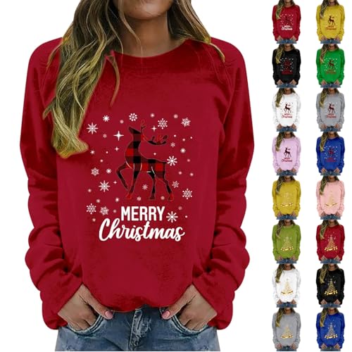 Christmas Sweatshirt for Women Xmas Jacket Tops Women's Round Neck Long Sleeved Deer Merry Christmas Printed Hoodie Casual Party Costume Xmas Jumpers
