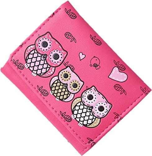 YUNEE Lady Short Wallet Cute Printed Owl Small Folded Money Wallet Card Bag (Rose) (Rose)