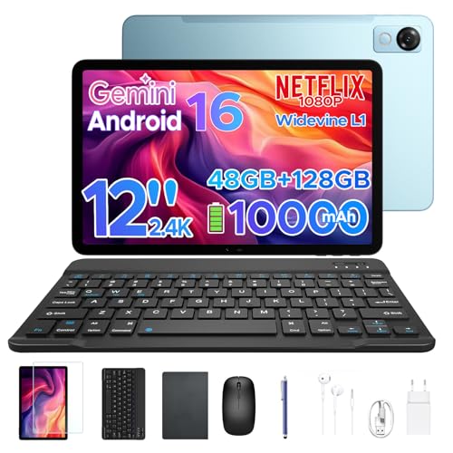 Luzglo P12 Android 16 Tablet 12 Pollici, T7280 Octa-Core, 48GB RAM+128GB ROM/2TB TF, IPS 2.4K Display 120 Hz, 10000 mAh,WiFi5, 8MP+13MP,Gemini AI, Tablet con Tastiera, Face ID/GPS/OTG/FM, Blu