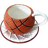 FORLONG Ceramic Large Coffee Mug and Saucer set, 3D Handmade and Hand-painted Basketball and Basketball Net Design Tea Mug, 300ml(10oz)