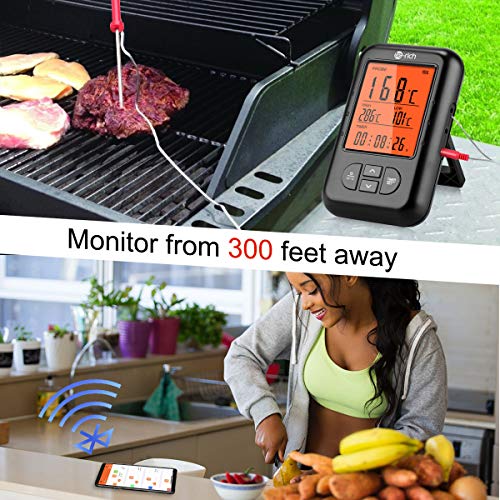 Wireless Meat Thermometer, Te-Rich Bluetooth Digital Food Grill Thermometer [Oven Safe/Timer/App Connected/] with 6 Temperature Probe for Smoker Grilling BBQ Turkey Kitchen Cooking Thermometer