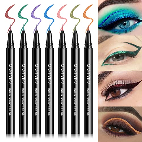 MAKI YIKA Glitter Liquid Eyeliner Shimmer Eyeliners, 7Colors Metallic Satin Finish Eyeliner Pen, Colorful Sparkling Eye Liner Pen, Long Lasting & Waterproof & Smudgeproof & High Pigment