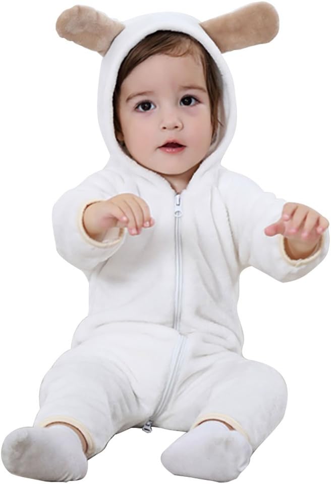 Amazemarket 0-5 Years Thicker Warm Cozy Infant Romper Crawl Climb Zipper Jumpsuit Sleepshirts Soft Animal Design Flannel Baby Boys Girls Clothes Long Sleeve (100cm, White)