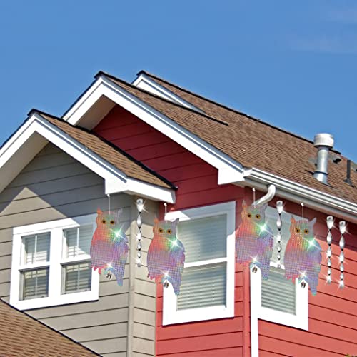 Dyvicl Fake Owl Hanging Reflective Owl for Woodpecker Deterrent 4 Pack