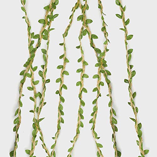 Ariskey Burlap Leaf Ribbo, 164Feet/50Meters Natural Jute Twine with Green Leaves for Wedding Packing and Garden Decoration Twine