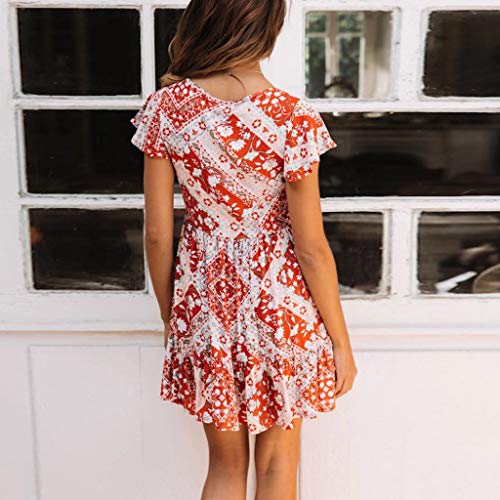 iYBUIA Womens Boho Holiday Beach Mini Bandage Floral Ruffled V-Neck Dress