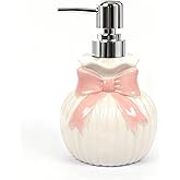 10Oz Ceramic Pump Bottle with Bow - Refillable Soap Dispenser for Hand Soap, Lotion, Shampoo or Body Wash, Cute Soap Holder Kitchen & Bathroom Decor, Countertop Accessories Gift