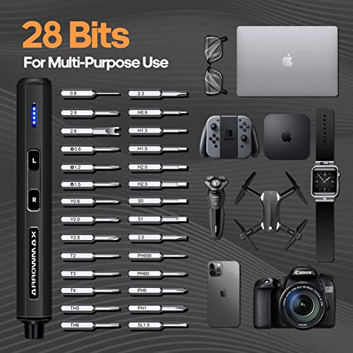 Electric Screwdriver- AM ARROWMAX Cordless Precision Screwdriver Set with 28 Magnetic Precision Bits, Rechargeable Portable Repair Tool Kit for Electronics Laptops Glasses Clocks (SES MINI), Black