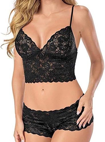 KISSMO Women 2 Piece Lace Lingerie Bra and Panty Set Strappy Bodysuit Babydoll