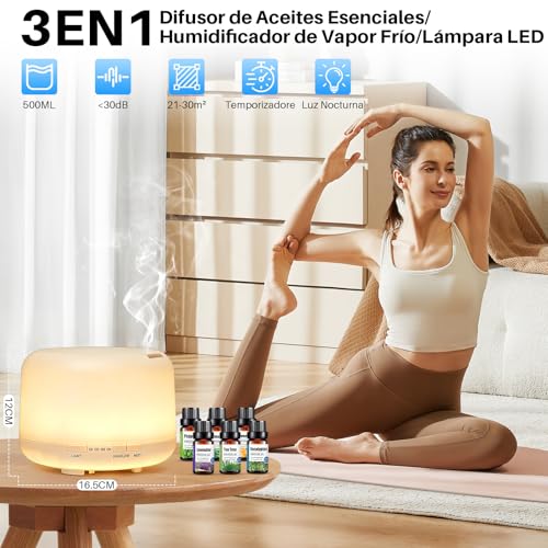 Salandens Difusor de Aceites Esenciales 500ML, Difusor de Aromas con 6 Aceites Esenciales, Humidificador de Aire con 7 Colores de Luz Led, 2 Niveles De Niebla y Control Remoto, para Casa y Oficina