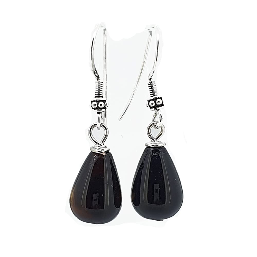 TreasureBay Handmade Gemstone Dangle Drop Earrings, Womens Pierced Earrings Made with 925 Sterling Silver (TearDrop Black Agate)