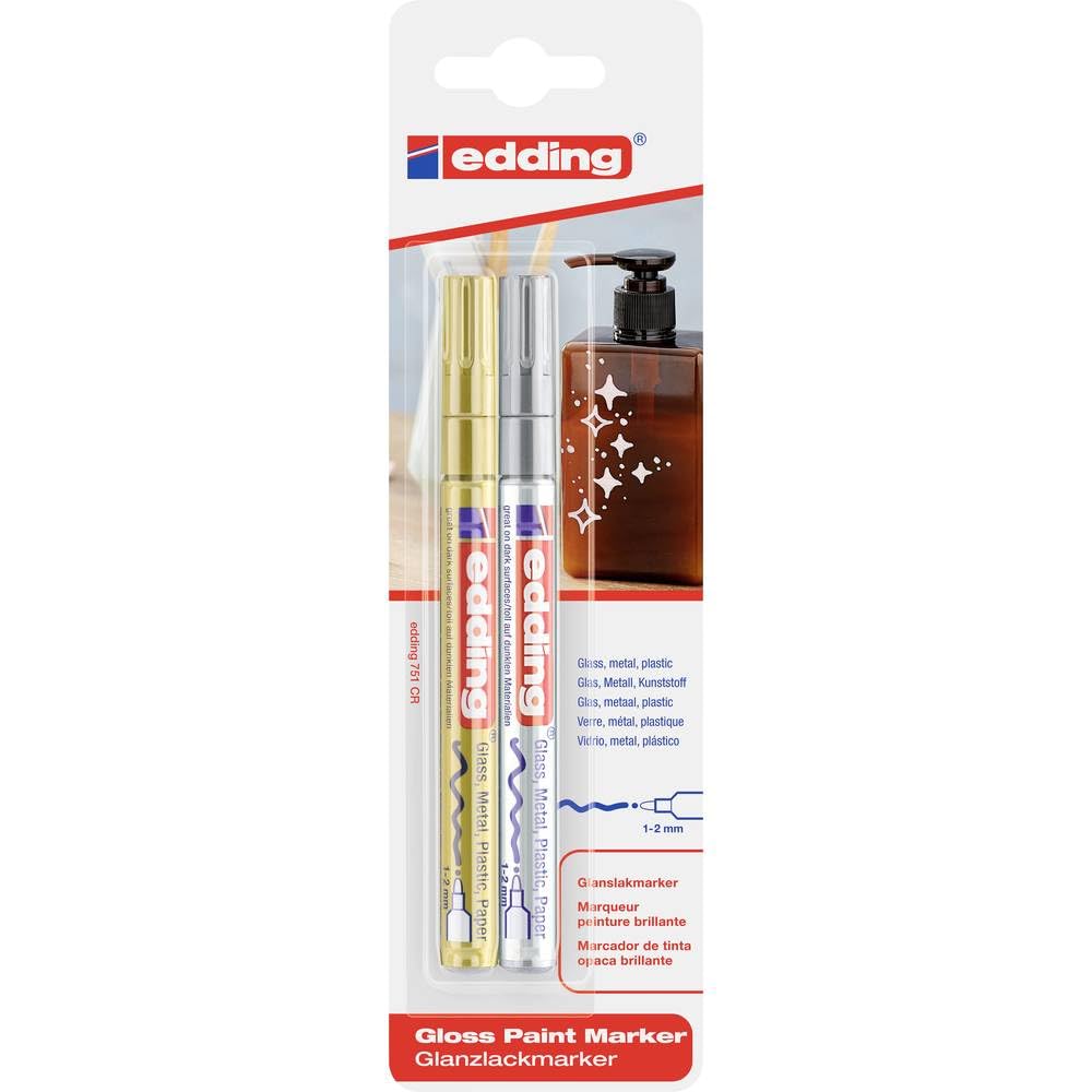 edding 751 gloss paint marker - gold, silver - pack of 2 paint markers - round nib 1-2 mm - paint pen for glass, pebbles, wood, plastic, paper - waterproof, high coverage