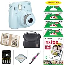 Fujifilm Instax Mini 8 Camera Blue + VALUE BUNDLE for Fujifilm Instax Mini 8 Camera Includes; Fujifilm Instax Instant Film FIFTY SHEETS + Battery & Charger + Photo Album + Case + MORE