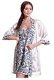 Olivery Womens Gorgeous Faux Silk Sleepwear Loungewear Dress & Robe 2 Pcs Set Dark Blue,One Size