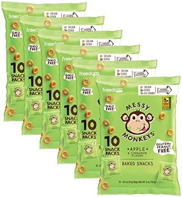 Messy Monkeys Apple & Cinnamon Flavored Whole Grain Bites - BULK CASE of 6 bags (Each with 10 Individual Single Serving 0.5oz Bags, 60 total)
