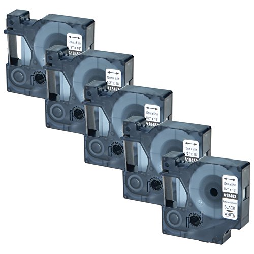 GREENCYCLE 5PK Industrial Polyester Compatible for Dymo 18483 Black on White 1/2 inch x 18ft 12mm x 5.5m Label Tape for Rhino 1000 3000 4200 5000 5200 6000 LabelWriter 450 Duo 3M PL150 PL200 PL300