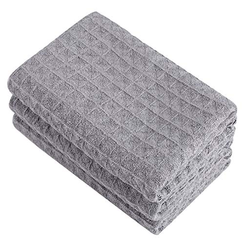 Lifaith Microfiber Thick Waffle Weave Kitchen Towels Dish Cloth 3 Pack 16inch X 19inch (Gray)
