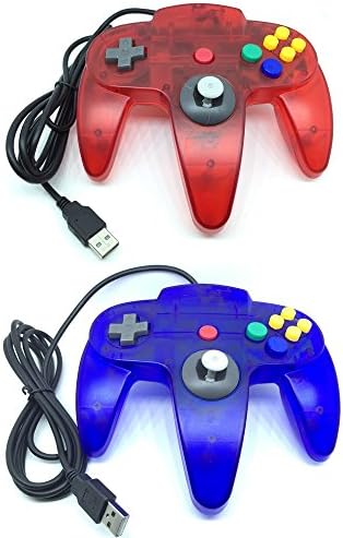 Pelod 2 packs Classic Retro N64 Bit USB Wired Controllers for PC and Mac(Clear Red and Clear Blue)