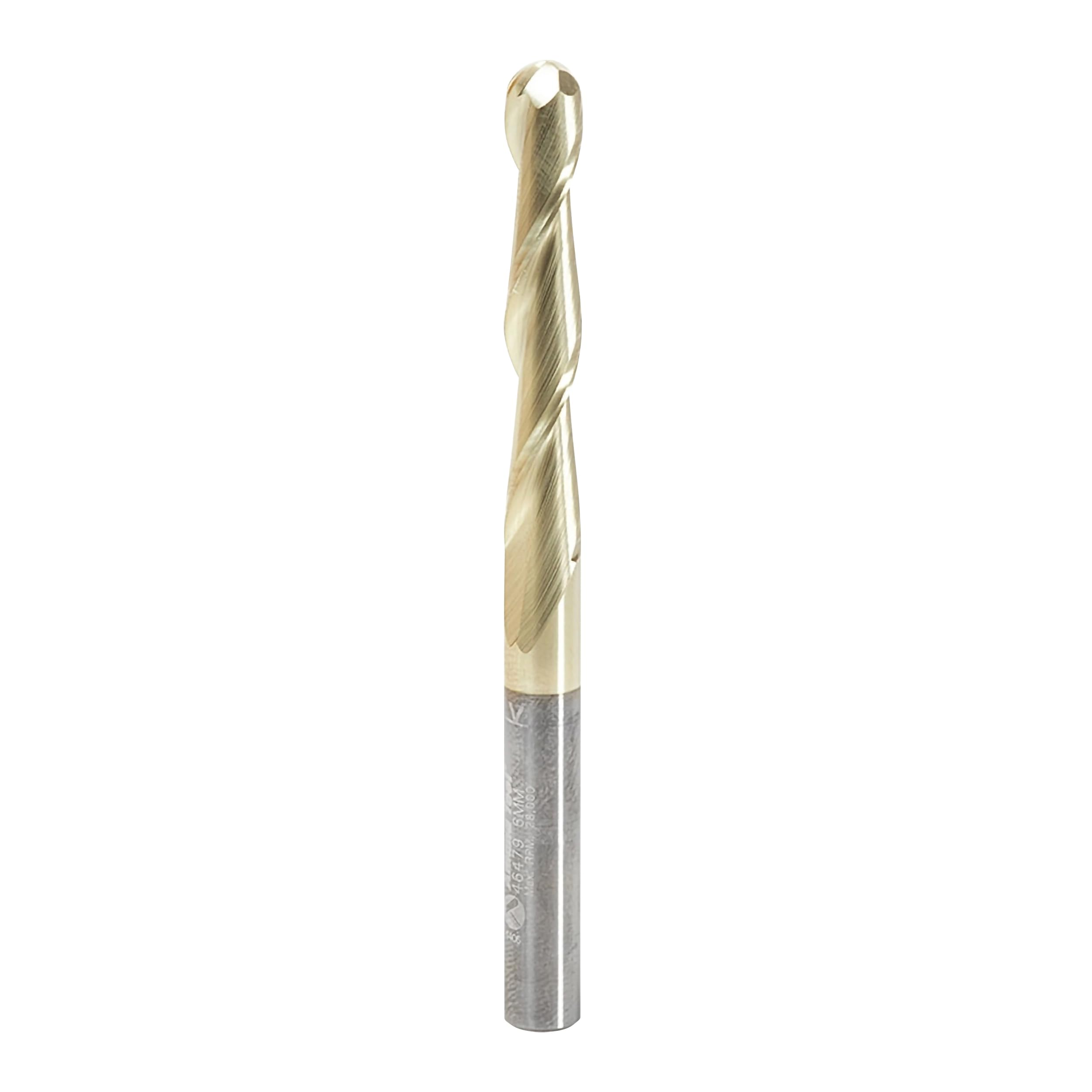 Amana Tool 46479 Metric CNC 2D and 3D Carving 0.10 Deg Straight Angle Ball Nose x 6 D x 3 R x 38 CH x 6 SHK x 75mm Long x 2 Flute SC ZrN Coated Router Bit — image 1