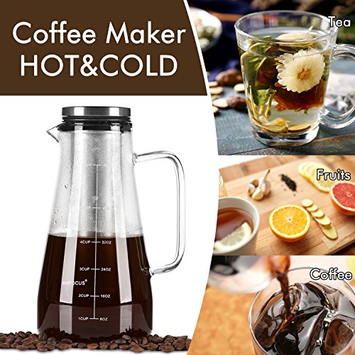 Cold Brew Coffee Maker 48 Ounce/1.5QT - Airtight Iced Coffee Tea Maker - Glass Pitcher with Reusable Fine Mesh Filter - Glass Carafe Perfect for Homemade Iced Tea Brewer and Coffee - Dishwasher Safe