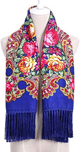 Women Scarf Vintage Trendy Fringe Big Square Long Blanket Scarf Warm Floral Scarves Shawl (Deep Blue & Large)