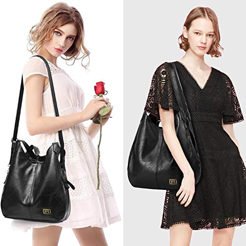 Shoulder Bags for Women Soft Leather Hobo Bags 3 Compartment Large Capacity Handbag Multiple Pocket Tote Bag,Black