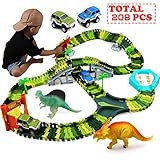 Klobroz Dinosaur Toys-208 Pieces Dinosaur Track Set-Best Gifts for 3 4 5 6 7 8 Year Old Boy, 192 PCS Flexible Tracks Playset & 2 Battery Powered Race Cars, 3 Dinosaurs