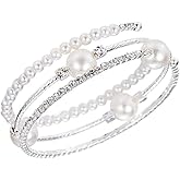 Azusa Sun Dainty Imitition Pearl Bracelet for Women Layered Crystal Rhinestone Pearl Stackable Bracelets Bangle for Wedding Prom Jewelry