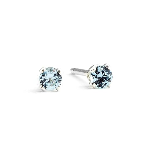3mm Tiny Aqua Baby Blue Aquamarine Gemstone Stud Earrings in Sterling Silver - March Birthstone