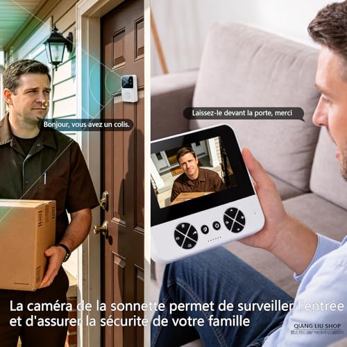 Sonnette sans Fil avec Caméra 1080P Étanche IP65, écran 4,3 Pouces, Communication Bidirectionnelle, Vision Nocturne Infrarouge, sans Application Ni Wi-FI, Compatible avec Les Cartes TF