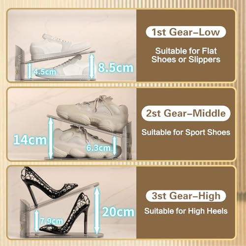 SUSOO 8 Pcs Double Shoe Slot Organizer, Adjustable Highth Shoe Stacker for Pair of Shoes, 50% Space-Saving Double Deck Shoe Rack Holder, Thickening Stability Clear Shoe Organizer for Closet Storage