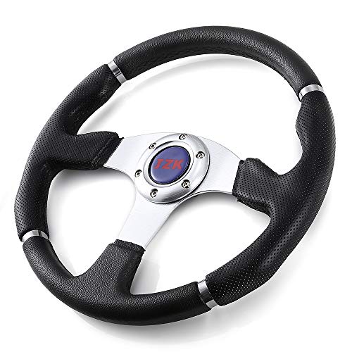 JZK New Classic Universal Steering Wheel 350mm 6 Bolts PVC Material Grip and Brushed Stainless Spokes - Thumbnail 2