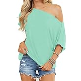 INFITTY Women's Off Shoulder Tops Short Sleeve Casual Loose Batwing Shirts Oversized Blouse Tunic